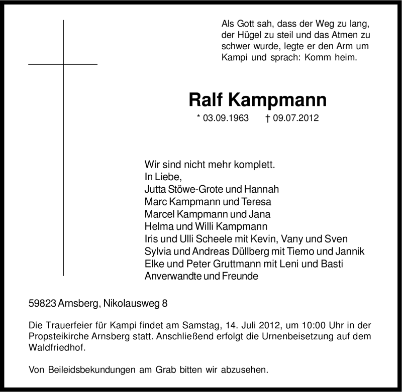  Traueranzeige für Ralf Kampmann vom 11.07.2012 aus Tageszeitung
