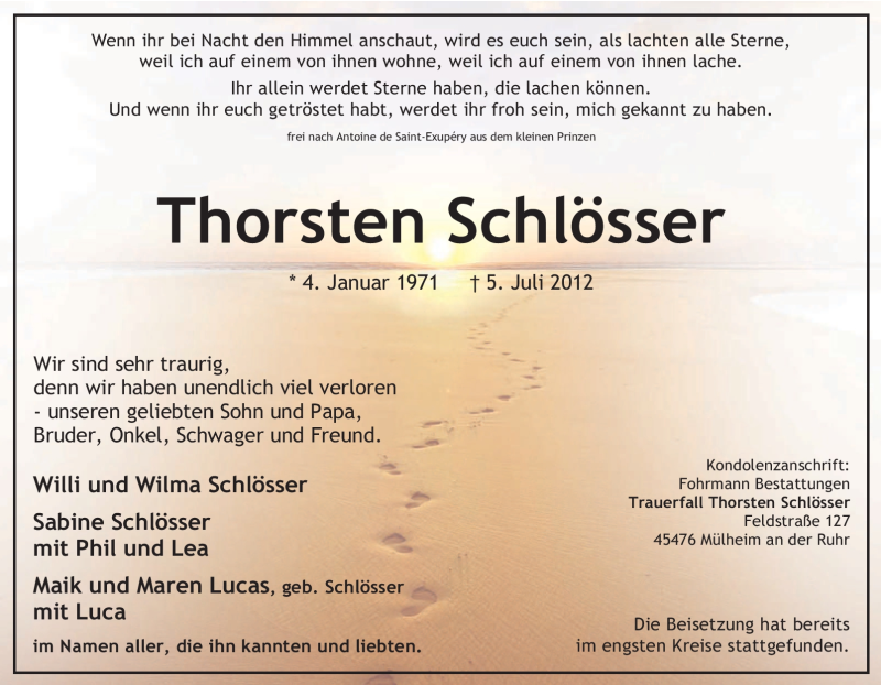  Traueranzeige für Thorsten Schlösser vom 14.07.2012 aus Tageszeitung