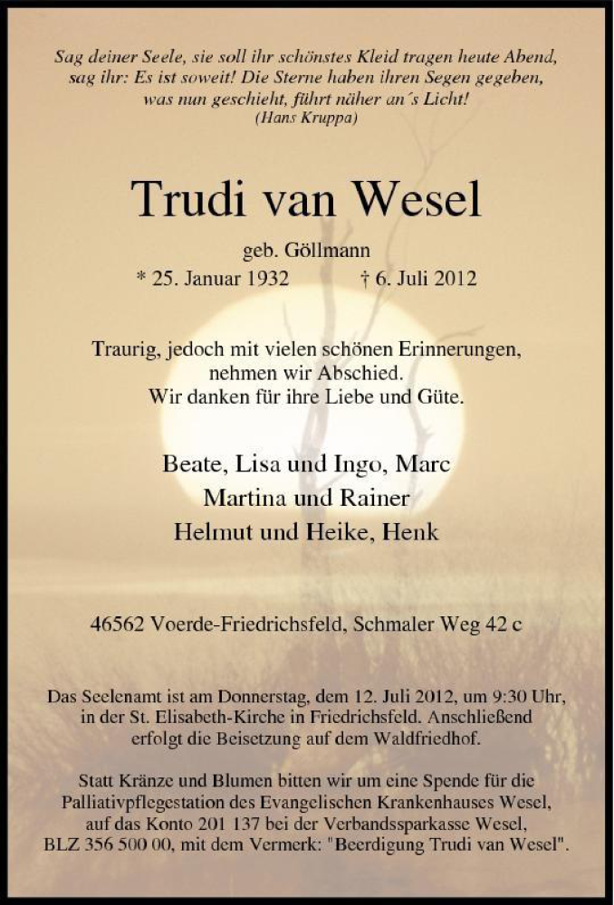  Traueranzeige für Trudi van Wesel vom 27.07.2012 aus Tageszeitung