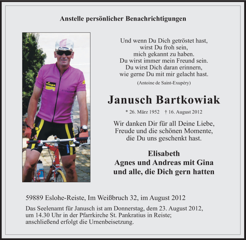  Traueranzeige für Janusch Bartkowiak vom 20.08.2012 aus Tageszeitung