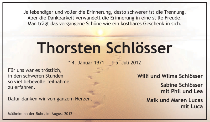  Traueranzeige für Thorsten Schlösser vom 11.08.2012 aus Tageszeitung