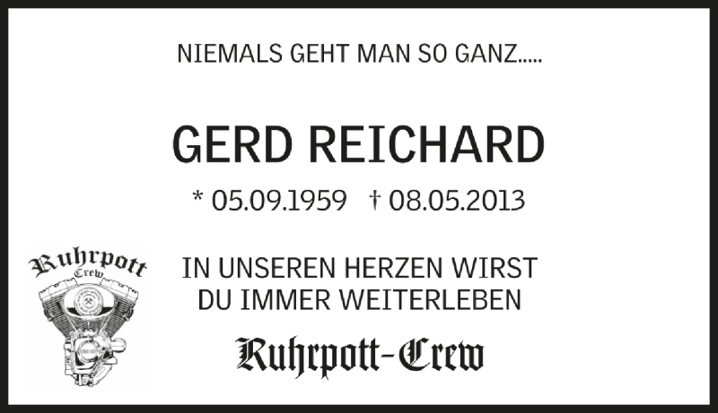  Traueranzeige für Gerd Reichard vom 18.05.2013 aus Tageszeitung