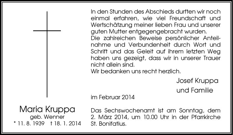  Traueranzeige für Maria Kruppa vom 22.01.2014 aus Tageszeitung