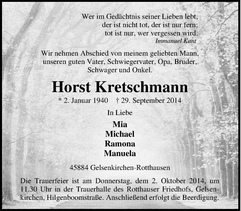  Traueranzeige für Horst Kretschmann vom 01.10.2014 aus Tageszeitung