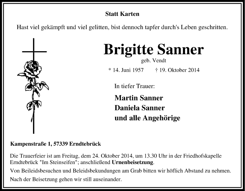  Traueranzeige für Brigitte Sanner vom 21.10.2014 aus Tageszeitung
