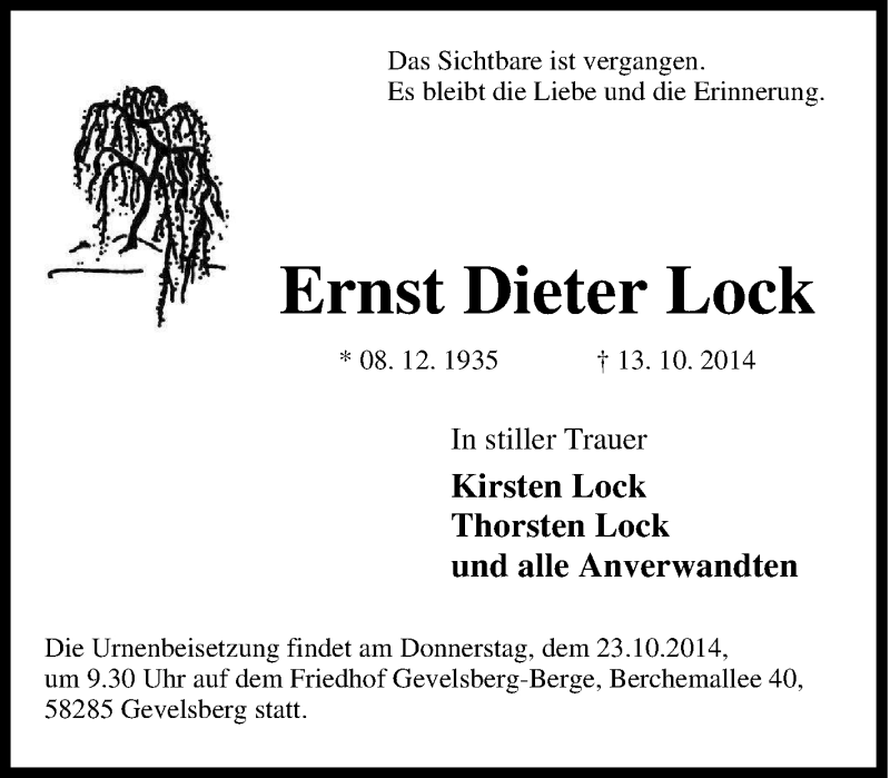  Traueranzeige für Ernst Dieter Lock vom 22.10.2014 aus Tageszeitung