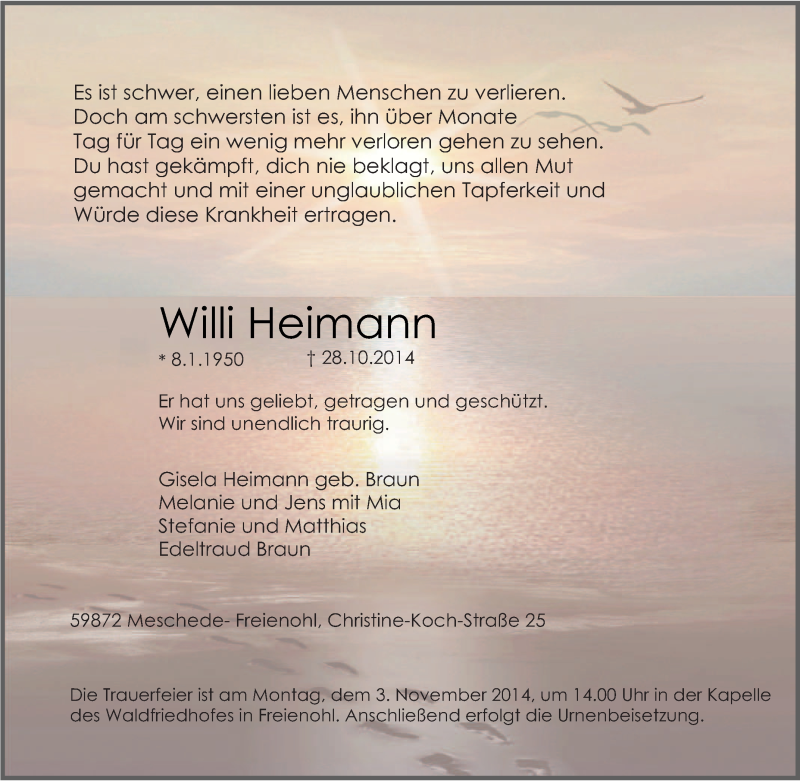  Traueranzeige für Willi Heimann vom 30.10.2014 aus Tageszeitung