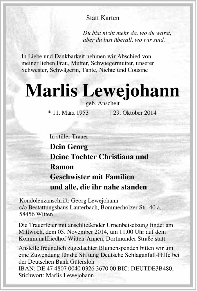  Traueranzeige für Marlis Lewejohann vom 31.10.2014 aus Tageszeitung