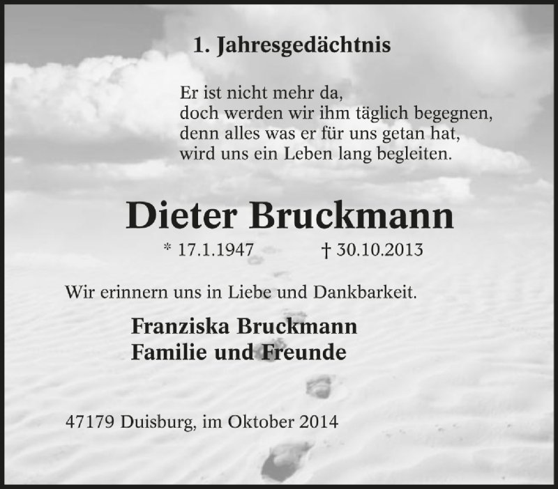  Traueranzeige für Dieter Bruckmann vom 30.10.2014 aus Tageszeitung