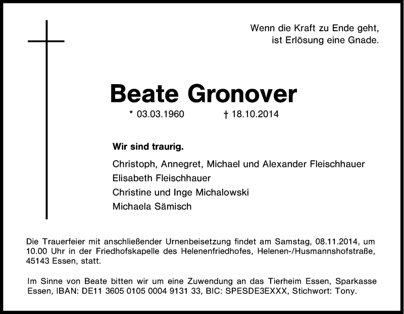  Traueranzeige für Beate Gronover vom 01.11.2014 aus Tageszeitung