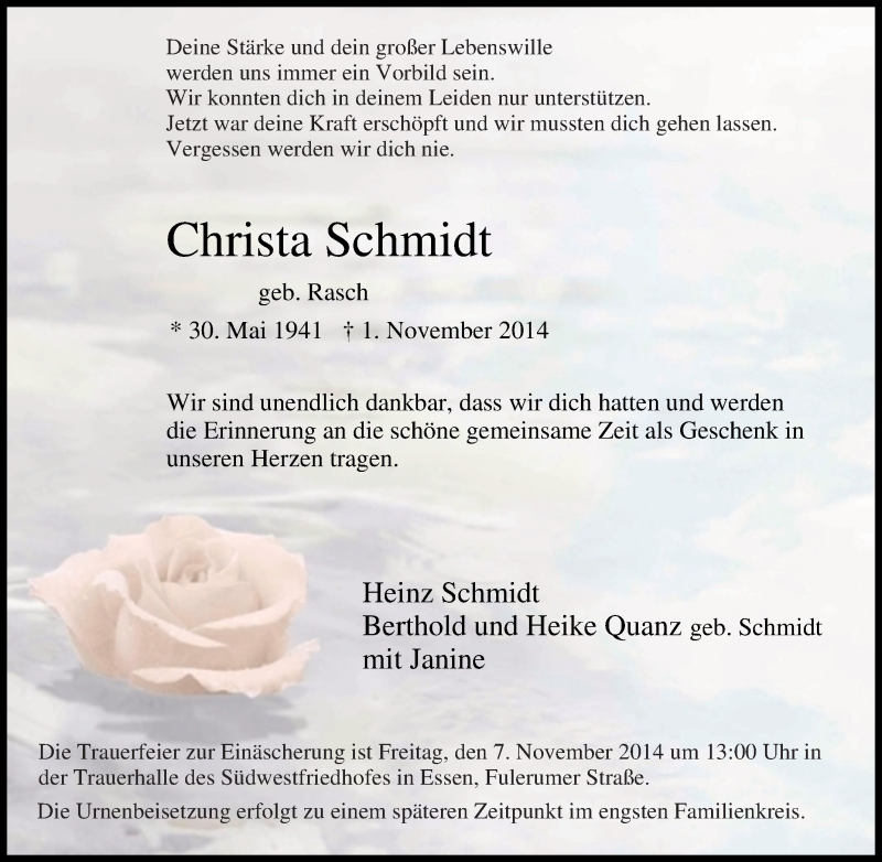  Traueranzeige für Christa Schmidt vom 05.11.2014 aus Tageszeitung