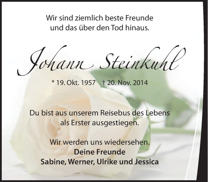  Traueranzeige für Johann Steinkuhl vom 22.11.2014 aus Tageszeitung