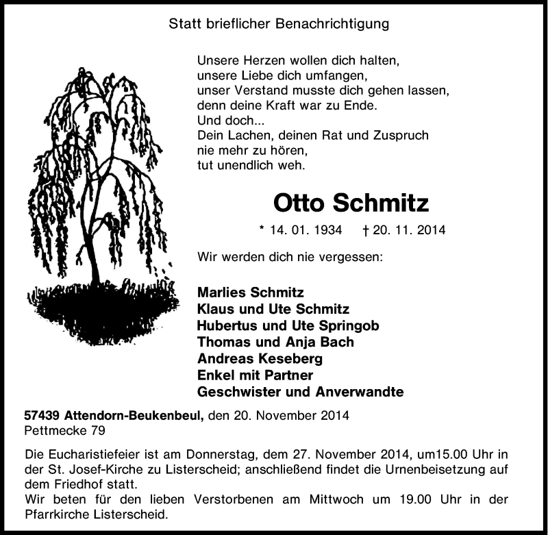  Traueranzeige für Otto Schmitz vom 24.11.2014 aus Tageszeitung