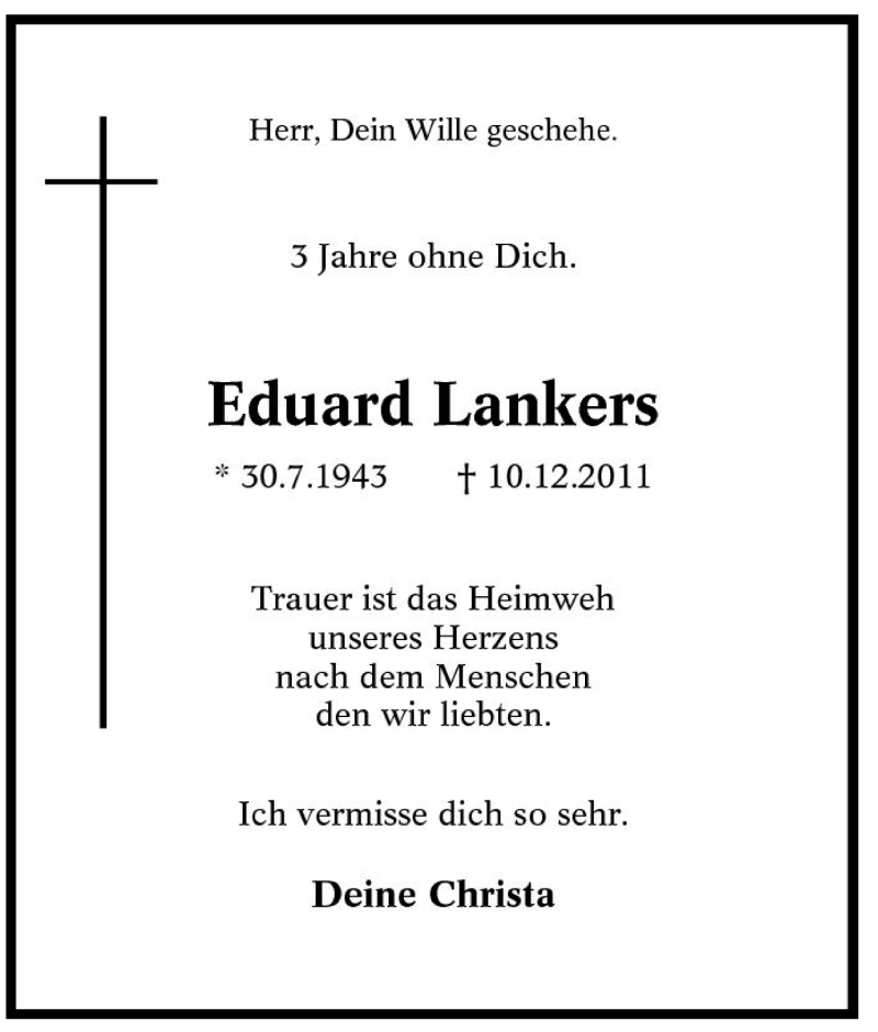  Traueranzeige für Eduard Lankers vom 10.12.2014 aus Tageszeitung