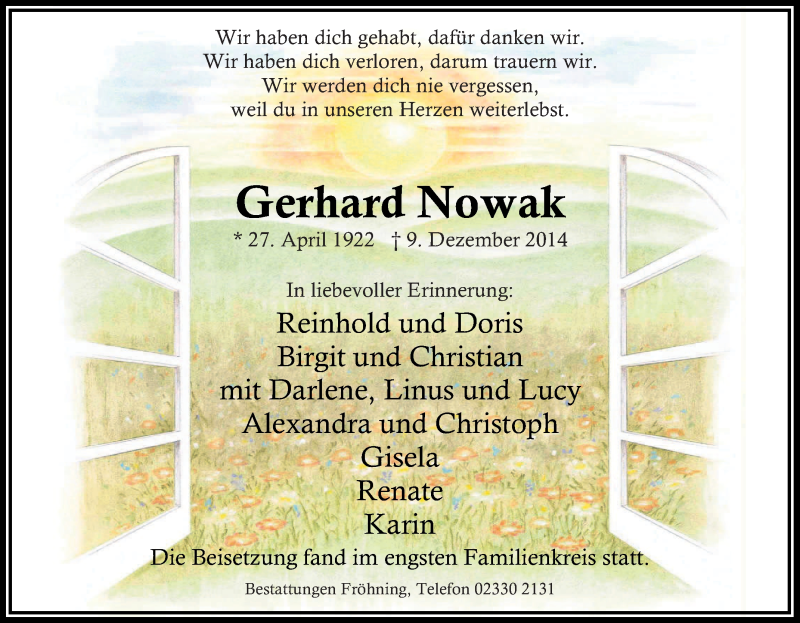  Traueranzeige für Gerhard Nowak vom 20.12.2014 aus Tageszeitung