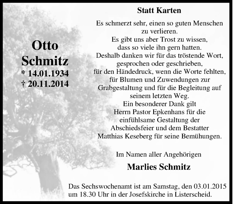  Traueranzeige für Otto Schmitz vom 30.12.2014 aus Tageszeitung