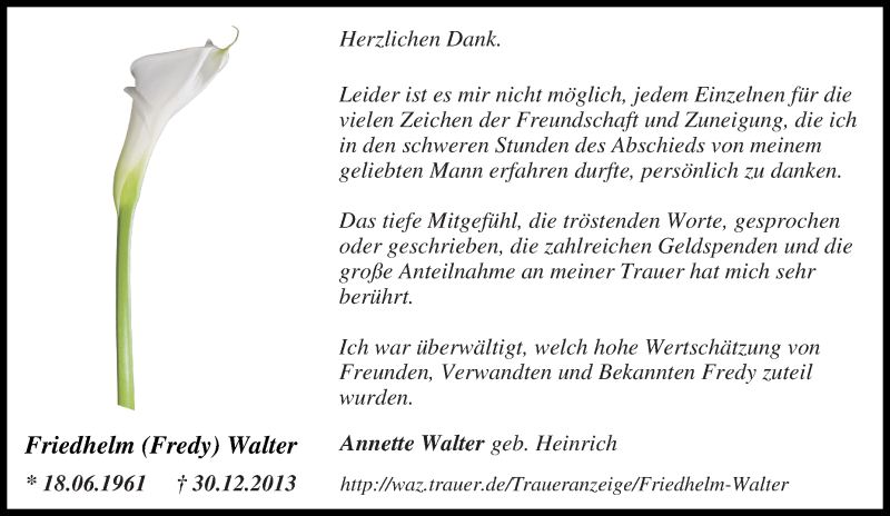  Traueranzeige für Friedhelm Walter vom 08.02.2014 aus Tageszeitung