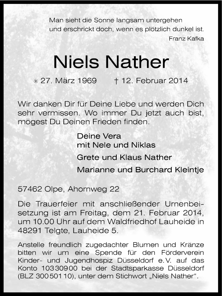  Traueranzeige für Niels Nather vom 18.02.2014 aus Tageszeitung
