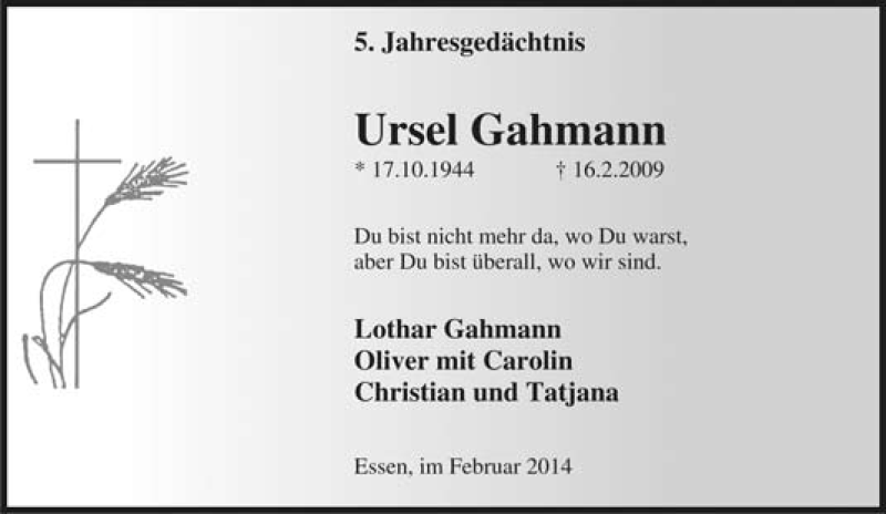  Traueranzeige für Ursel Gahmann vom 19.02.2014 aus Tageszeitung