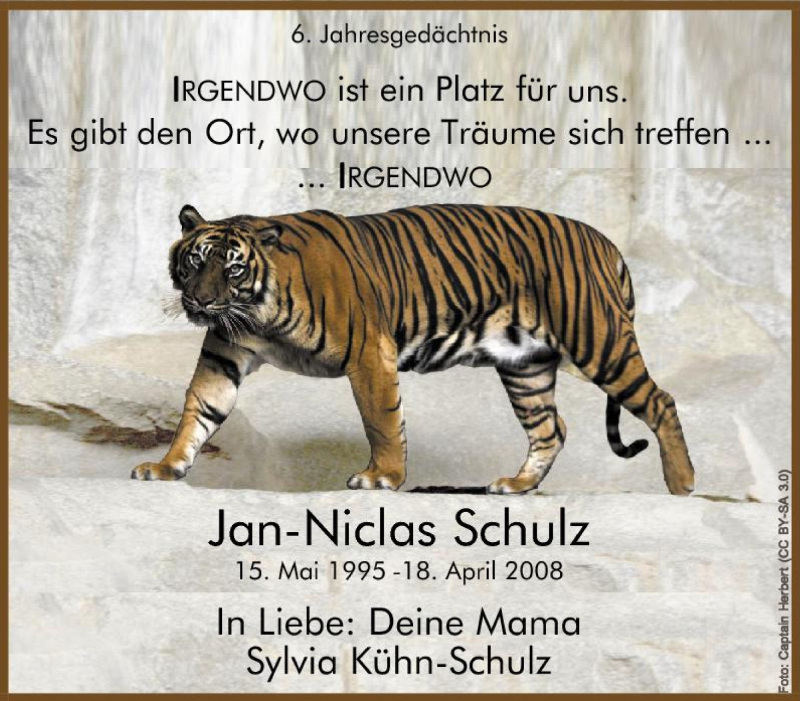  Traueranzeige für Jan-Niclas Schulz vom 19.04.2014 aus Tageszeitung