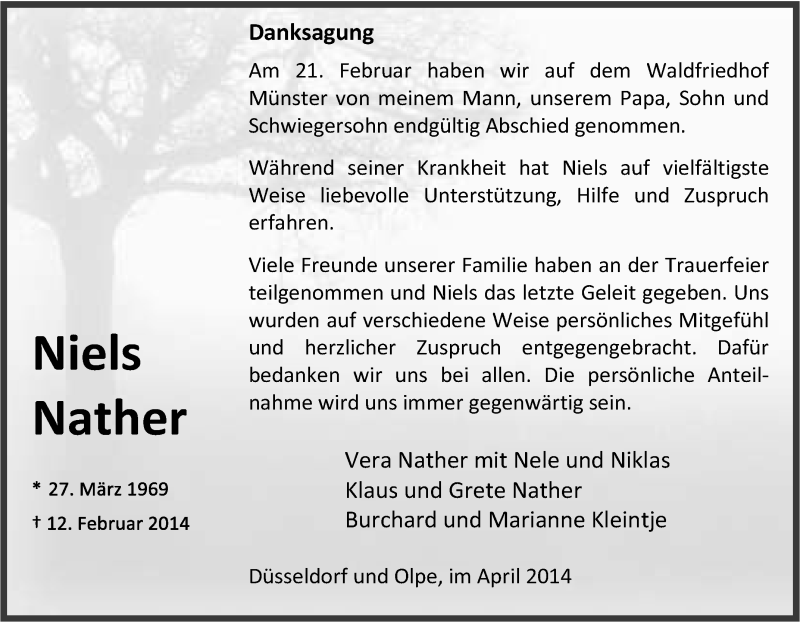  Traueranzeige für Niels Nather vom 19.04.2014 aus Tageszeitung
