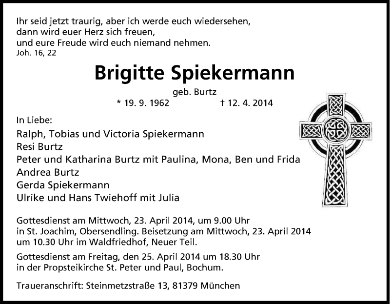  Traueranzeige für Brigitte Spiekermann vom 17.04.2014 aus Tageszeitung