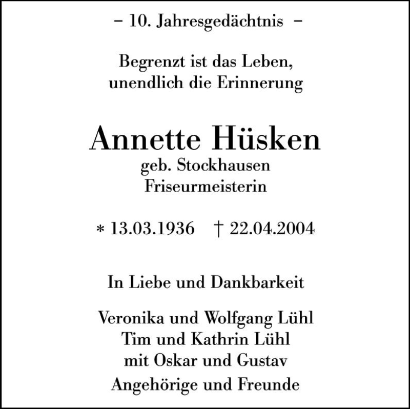  Traueranzeige für Annette Hüsken vom 22.04.2014 aus Tageszeitung