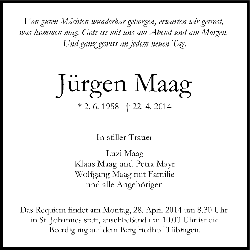  Traueranzeige für Jürgen Maag vom 24.04.2014 aus Tageszeitung