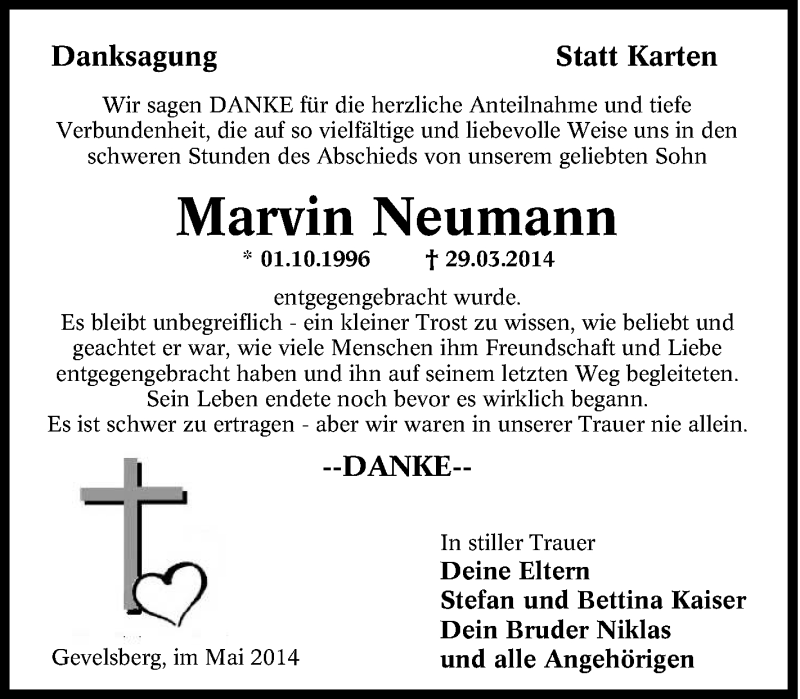  Traueranzeige für Marvin Neumann vom 24.05.2014 aus Tageszeitung
