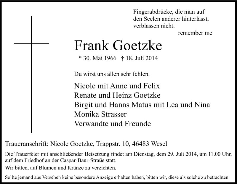  Traueranzeige für Frank Goetzke vom 22.07.2014 aus Tageszeitung