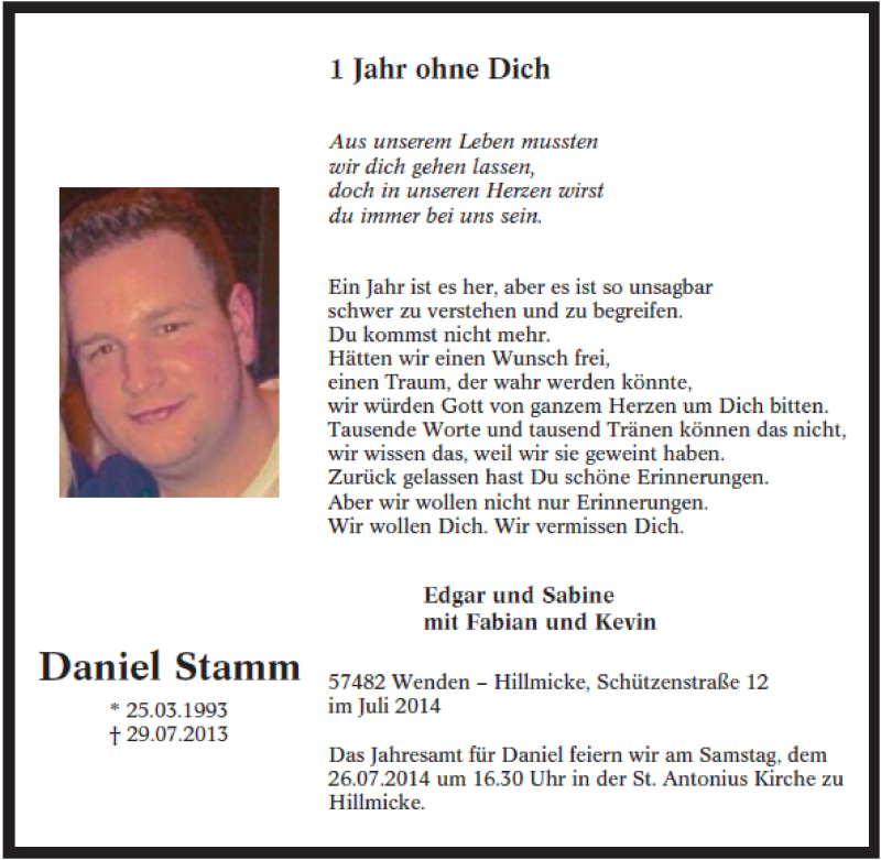  Traueranzeige für Daniel Stamm vom 22.07.2014 aus Tageszeitung