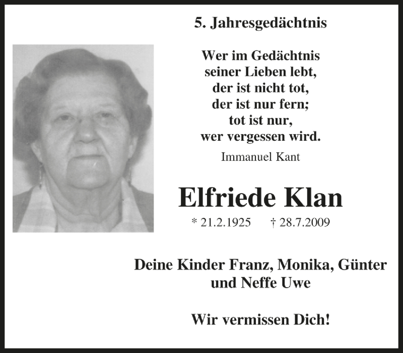  Traueranzeige für Elfriede Klan vom 28.07.2014 aus Tageszeitung