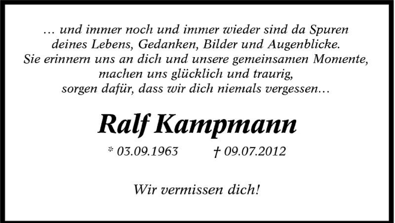  Traueranzeige für Ralf Kampmann vom 09.07.2014 aus Tageszeitung