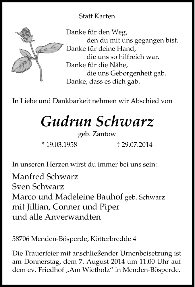  Traueranzeige für Gudrun Schwarz vom 01.08.2014 aus Tageszeitung
