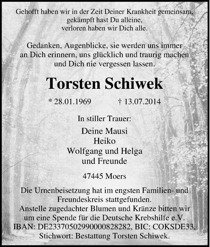  Traueranzeige für Torsten Schiwek vom 01.08.2014 aus Tageszeitung