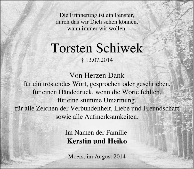  Traueranzeige für Torsten Schiwek vom 25.08.2014 aus Tageszeitung