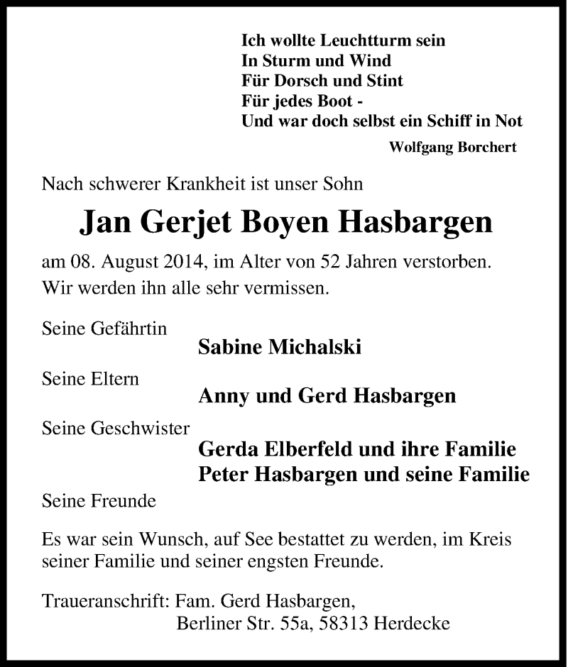  Traueranzeige für Jan Gerjet Boyen Hasbargen vom 13.08.2014 aus Tageszeitung