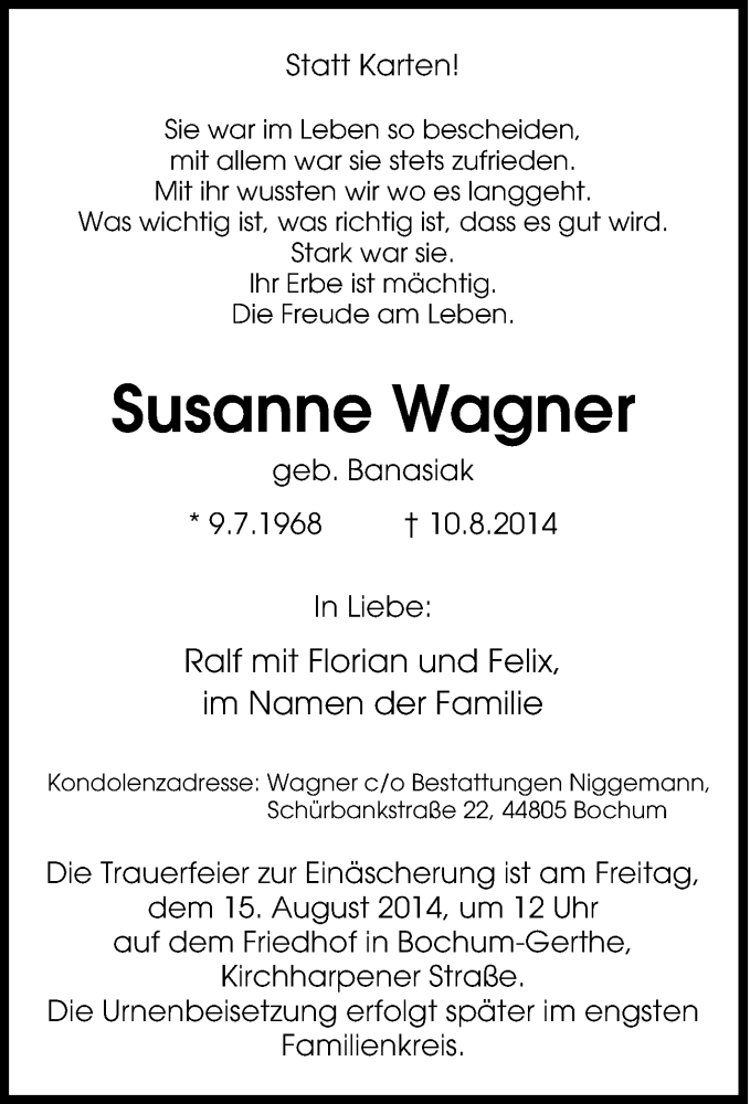  Traueranzeige für Susanne Wagner vom 13.08.2014 aus Tageszeitung
