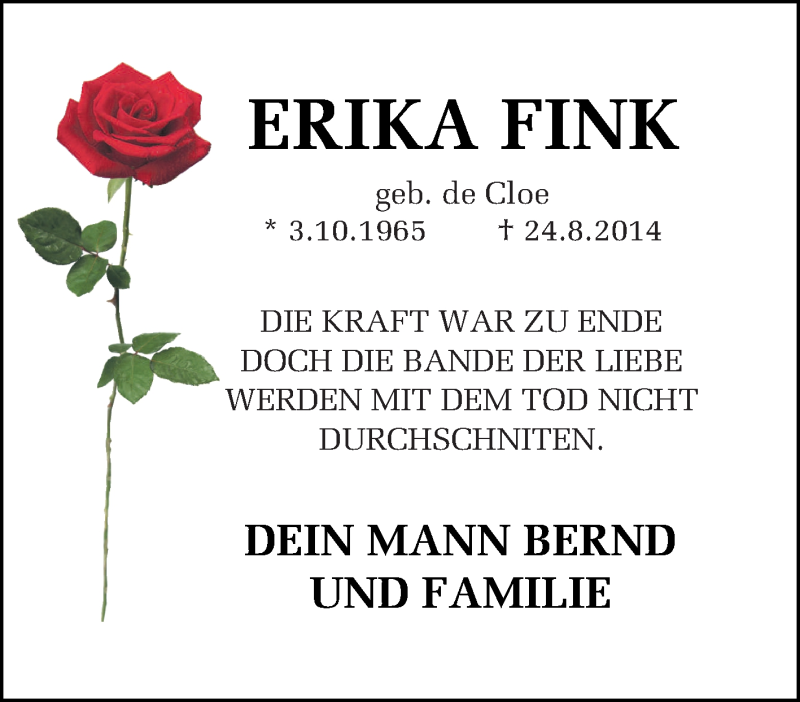  Traueranzeige für Erika Fink vom 27.08.2014 aus Tageszeitung