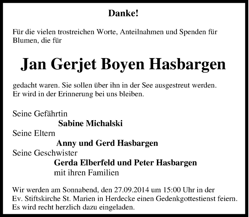  Traueranzeige für Jan Gerjet Boyen Hasbargen vom 20.09.2014 aus Tageszeitung