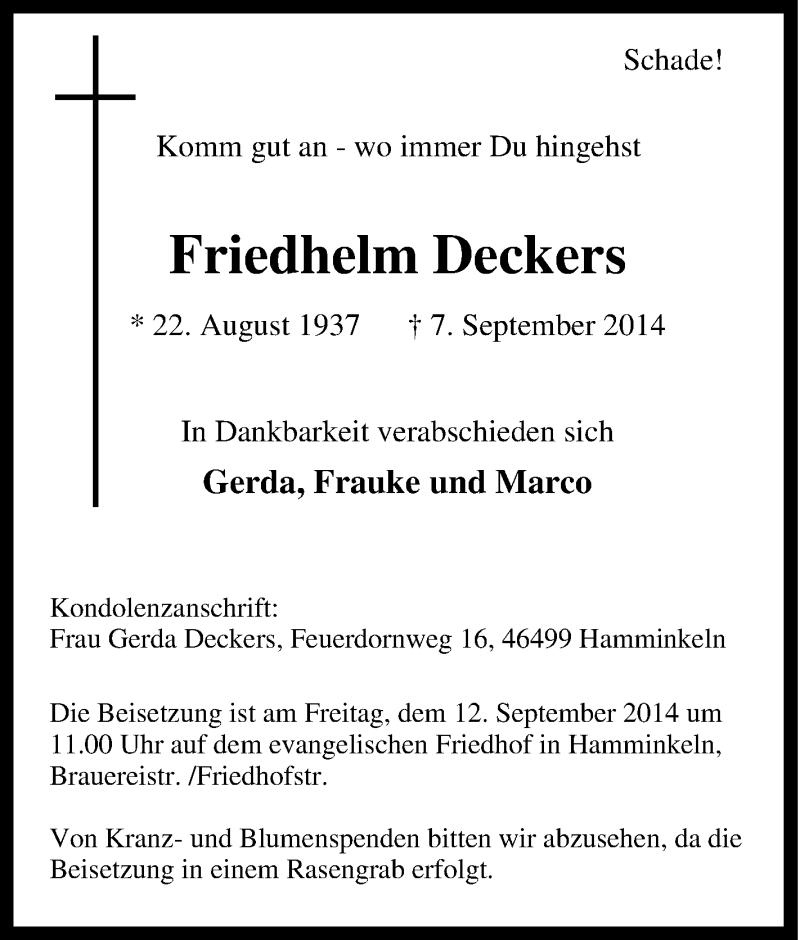  Traueranzeige für Friedhelm Deckers vom 09.09.2014 aus Tageszeitung