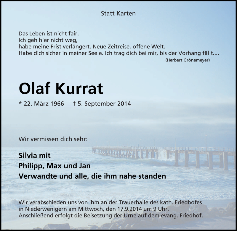  Traueranzeige für Olaf Kurrat vom 11.09.2014 aus Tageszeitung