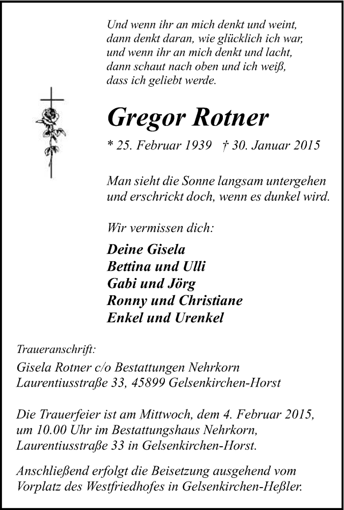  Traueranzeige für Gregor Rotner vom 31.01.2015 aus Tageszeitung