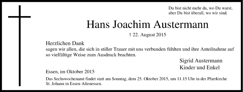  Traueranzeige für Hans Joachim Austermann vom 17.10.2015 aus Tageszeitung