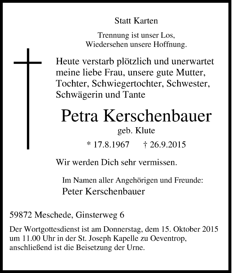  Traueranzeige für Petra Kerschenbauer vom 01.10.2015 aus Tageszeitung