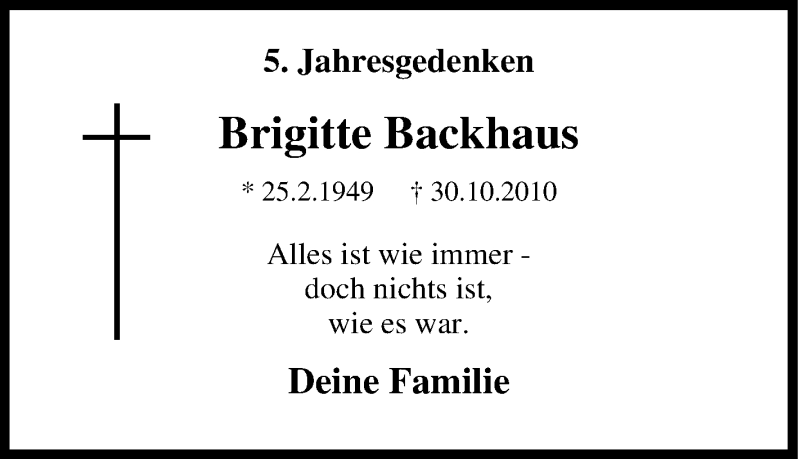  Traueranzeige für Brigitte Backhaus vom 30.10.2015 aus Tageszeitung