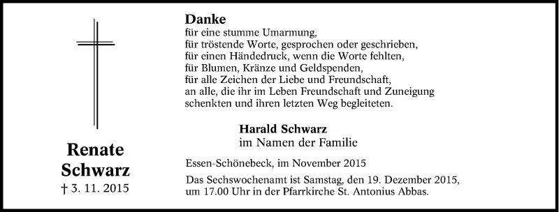  Traueranzeige für Renate Schwarz vom 28.11.2015 aus Tageszeitung