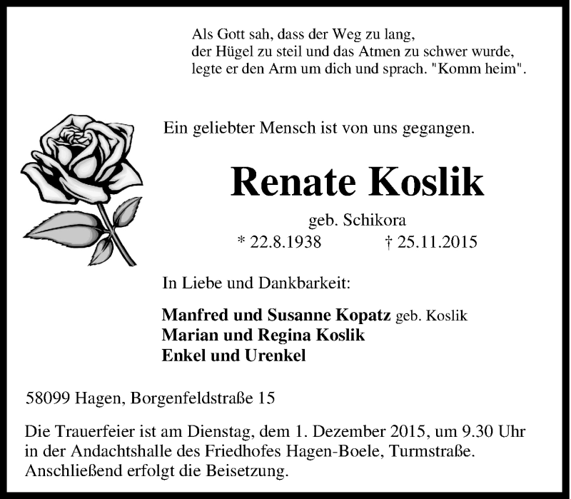  Traueranzeige für Renate Koslik vom 27.11.2015 aus Tageszeitung