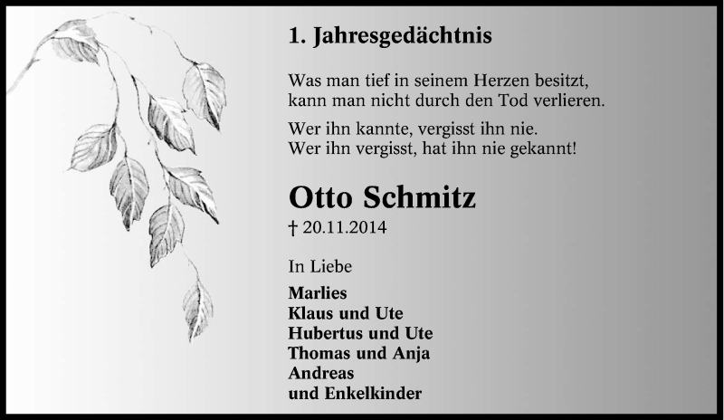  Traueranzeige für Otto Schmitz vom 20.11.2015 aus Tageszeitung