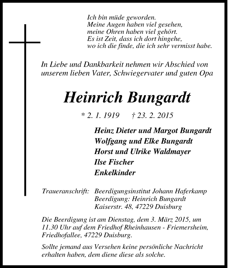  Traueranzeige für Heinrich Bungardt vom 27.02.2015 aus Tageszeitung